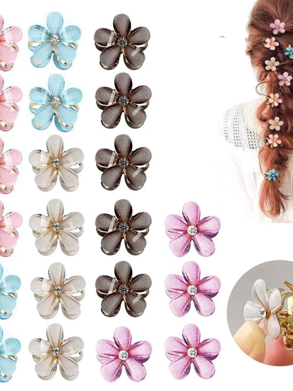 20Pcs Mini Flower Hair Clips Crystal Spring Claw Clips Small Flower Hair Claw Cl